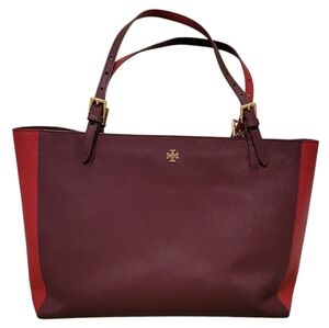 Tory Burch York Buckle Tote Large Two Toned Purple and Red Leather Gold Hardware